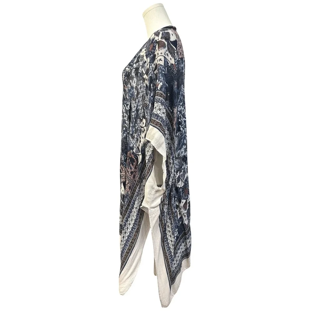 Blue Floral Paisley Boho Kimono Cardigan L-XL Open Front Wrap Gypsy Western - Picture 4 of 8